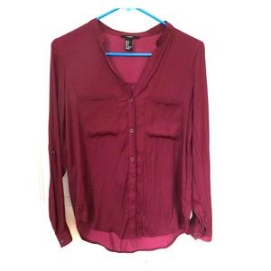 Maroon red silky blouse shirt, small